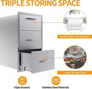Here is the optimized SEO meta description:

"Upgrade your outdoor kitchen with this 3-drawer stainless steel BBQ drawer, perfect for flush mounting in islands or kitchens. Compact 17x30x21 inches."