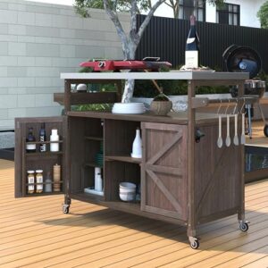 Enhance your backyard gatherings with the Farmhouse Solid Wood Outdoor Grill Table featuring a stainless steel top, storage cabinet, rolling bar cart, and spice rack. Perfect for kitchen & BBQ enthusiasts!