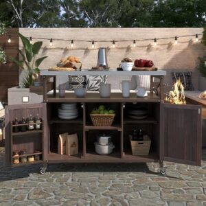 Enhance your backyard gatherings with the Farmhouse Solid Wood Outdoor Grill Table featuring a stainless steel top, storage cabinet, rolling bar cart, and spice rack. Perfect for kitchen & BBQ enthusiasts!
