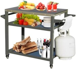 "Elevate your outdoor cooking with the Domi Grill Cart Table, featuring 3 storage shelves, wheels, hooks and a stainless steel tabletop. Perfect for kitchen BBQs, this dark gray cart measures 42" W x 22" D."