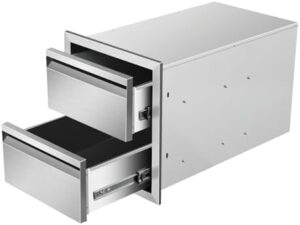 Enhance your outdoor cooking experience with these stainless steel double BBQ drawers, perfect for built-in outdoor kitchen islands and patio grill stations. Perfectly sized at 14"W x 15"H x 23"D.