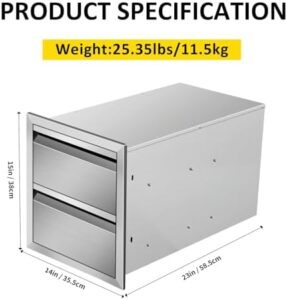 Enhance your outdoor cooking experience with these stainless steel double BBQ drawers, perfect for built-in outdoor kitchen islands and patio grill stations. Perfectly sized at 14"W x 15"H x 23"D.