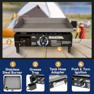 Sear the perfect grilled meals with the Razor Griddle GGT2160M, a 19-inch outdoor portable LP propane gas grill griddle featuring push ignition for BBQ and frying.