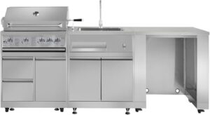 Elevate your outdoor cooking experience with the CT Copper Tailor Modular Outdoor Kitchen BBQ Gas Grill Island, featuring a built-in 4-burner grill, cabinet, sink, and fridge, perfect for entertaining.