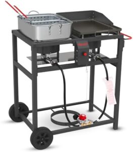 Deep fry and grill on-the-go with the Outdoor Propane Deep Fryer and Griddle Combo, featuring a double burner propane stove and wheels for easy portability. Perfect for outdoor BBQs, camping, and tailgating. Save big with exclusive discounts!