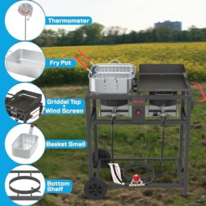 Deep fry and grill on-the-go with the Outdoor Propane Deep Fryer and Griddle Combo, featuring a double burner propane stove and wheels for easy portability. Perfect for outdoor BBQs, camping, and tailgating. Save big with exclusive discounts!