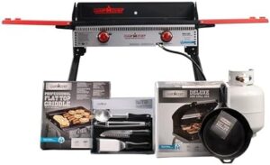 Discover Guy Fieri's Pro 14 Bundle for outdoor cooking, featuring a double burner stove, 12" cast iron skillet, BBQ box, fry griddle, and chef's utensil set. Perfect for camping or backyard adventures!