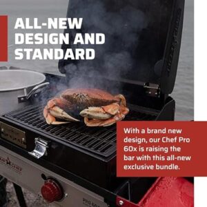 Discover Guy Fieri's Pro 14 Bundle for outdoor cooking, featuring a double burner stove, 12" cast iron skillet, BBQ box, fry griddle, and chef's utensil set. Perfect for camping or backyard adventures!