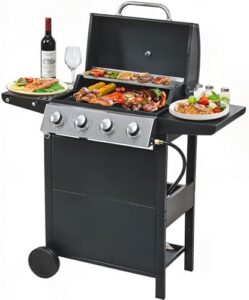 Boost outdoor cooking with the 4 Burner Propane Gas Grill, featuring 40,000 BTUs of stainless steel power for patio, backyard, and garden BBQing.