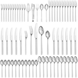 Elevate your dining experience with the KINGSTONE Silverware Set, featuring 65 pieces of flatware and a 5-piece serving utensil set. Modern design, dishwasher safe, perfect for everyday use or special occasions.