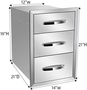 Here is the optimized meta description:

"Discover efficient outdoor kitchen storage with these stainless steel drawers, perfect for grill stations and island installations. 14W x 21H x 21D Inch dimensions provide ample space."