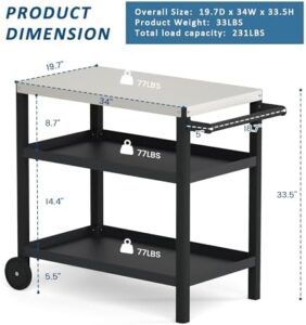 Perfect your outdoor gatherings with the TORVA Outdoor Prep Grill Cart, featuring a portable hard tabletop and 3-tier design for camping, patio, or backyard use, dimensions 42.5x24.4x30.7 inches.