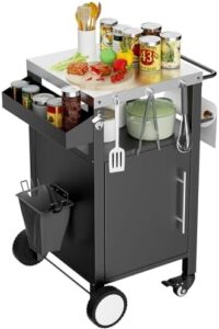 Elevate your outdoor cooking experience with the Outdoor Grill Cart featuring a single door, storage compartments, hooks, and a spice rack. Perfect for grilling enthusiasts, this cart offers ample space and convenience.