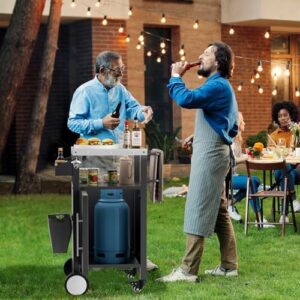 Elevate your outdoor cooking experience with the Outdoor Grill Cart featuring a single door, storage compartments, hooks, and a spice rack. Perfect for grilling enthusiasts, this cart offers ample space and convenience.