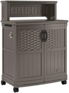 Maximize your outdoor storage with the Suncast Patio Storage and Prep Station. Features a 47-gal. cabinet, adjustable shelf, and utensil hooks for organized grilling and entertaining.