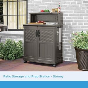 Maximize your outdoor storage with the Suncast Patio Storage and Prep Station. Features a 47-gal. cabinet, adjustable shelf, and utensil hooks for organized grilling and entertaining.
