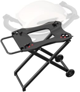 Here is the optimized SEO meta description:

"Compact and portable grill cart for Weber Q series grills. Collapsible design and sturdy construction for outdoor use. Perfect for camping, picnics or backyard BBQs."
