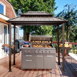 Upgrade your outdoor cooking experience with the Domi 8'x6' Grill Gazebo, featuring aluminum construction, bar shelves, and ceiling hooks. Perfect for patios, lawns, and decks!