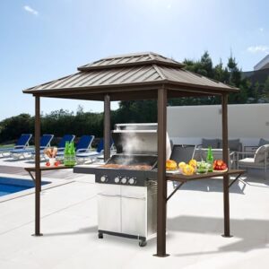 Upgrade your outdoor cooking experience with the Domi 8'x6' Grill Gazebo, featuring aluminum construction, bar shelves, and ceiling hooks. Perfect for patios, lawns, and decks!