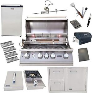 Experience backyard gourmet with the Lion 32-Inch Propane Grill featuring 4 ceramic tubes, flame tray, and door drawer combo. Plus, single side burner and refrigerator for ultimate outdoor cooking convenience.