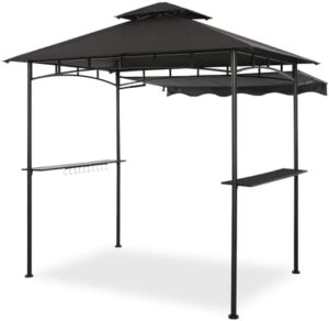 Discover the CHARMELEON Dark Grey Grill Gazebo, a double-tiered BBQ haven with stretchable side awning and 5x8 grill canopy. Perfect for outdoor cooking enthusiasts!