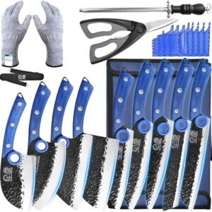 Discover the XYJ Professional Kitchen Knife Set with High-Carbon Steel Forged Blades, ideal for chefs and home cooks. Includes chef's knife, cleaver, carving knife, Nakiri, carrying bag & poultry scissors. Perfect for any kitchen.