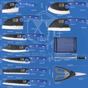 Discover the XYJ Professional Kitchen Knife Set with High-Carbon Steel Forged Blades, ideal for chefs and home cooks. Includes chef's knife, cleaver, carving knife, Nakiri, carrying bag & poultry scissors. Perfect for any kitchen.