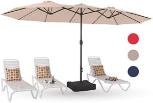 Enhance your outdoor gatherings with the PHI VILLA 15ft Large Patio Umbrella featuring a sturdy base and double-sided canopy. Perfect for poolside, lawn or backyard use, this beige umbrella provides ample shade.