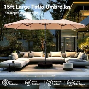 Enhance your outdoor gatherings with the PHI VILLA 15ft Large Patio Umbrella featuring a sturdy base and double-sided canopy. Perfect for poolside, lawn or backyard use, this beige umbrella provides ample shade.