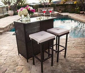 Elevate your outdoor living space with the SUNCROWN 3-piece wicker patio furniture set featuring a glass bar and two stools with cushions, perfect for patios, backyards, or poolside gatherings. Save big on this cozy set!