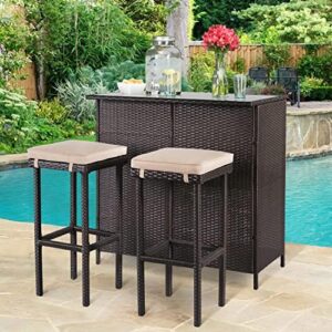 Elevate your outdoor living space with the SUNCROWN 3-piece wicker patio furniture set featuring a glass bar and two stools with cushions, perfect for patios, backyards, or poolside gatherings. Save big on this cozy set!