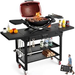 Here is the optimized SEO meta description:

"Perfectly sized portable grill cart with 3-shelf and movable flat pizza oven. Dimensions 52w x 17d, great for outdoor gatherings and parties, expand your grilling options!"