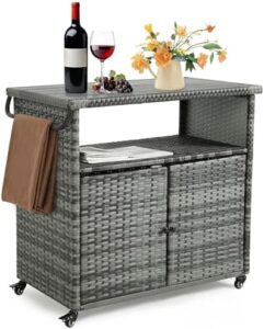 "Enhance your outdoor entertaining with the HOMEFUN Outdoor Grill Carts with Storage Cabinet, featuring weatherproof design, wicker construction and ample storage for utensils and condiments. Perfect for backyard gatherings."