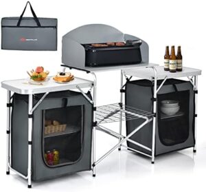 Get ready to elevate your outdoor cooking experience! The Goplus Folding Camping Kitchen Table with Storage features an aluminum design, foldable windscreen and storage compartment for BBQ, grill, party or picnic essentials. Perfect for on-the-go meals.