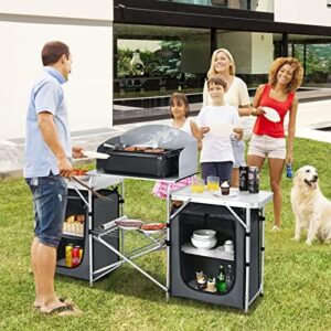 Get ready to elevate your outdoor cooking experience! The Goplus Folding Camping Kitchen Table with Storage features an aluminum design, foldable windscreen and storage compartment for BBQ, grill, party or picnic essentials. Perfect for on-the-go meals.