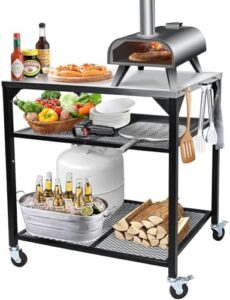 Here is the output meta description:

"Transform your outdoor cooking with Hisencn's pizza oven table cart, featuring a stainless steel grill stand and movable food prep area. Perfect for Ninja Woodfire, Blackstone, Cuisinart, and more."