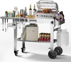 Here is the optimized SEO meta description:

"Elevate your outdoor cooking experience with this portable Food Grade 304 Stainless Steel BBQ Grill Table featuring 4 foldable legs and tabletop griddle. Perfect for RV, camping, tailgating."