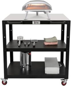Elevate your outdoor cooking experience with this large movable pizza oven table featuring a stainless steel grill cart, 3-shelf prep table, and wheels for easy mobility. Perfect for Ooni 16 or Blackstone pizza ovens.