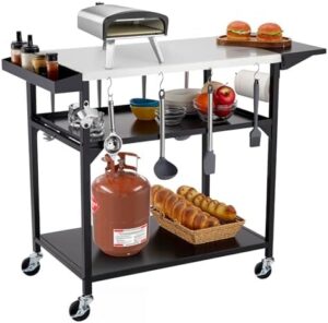 Discover the ultimate outdoor cooking station! This stainless steel pizza oven table features a movable prep area, storage rack, and 4-wheel cart for easy repositioning. Perfect for outdoor gatherings.