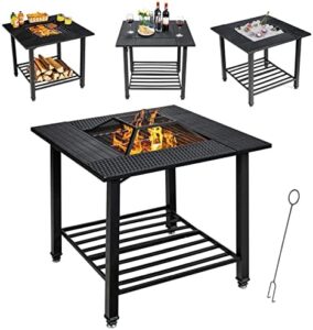 Perfect outdoor gatherings await with Giantex's 4-in-1 Wood Burning Fire Pit, featuring a square table, mesh cover, and removable lid. Enjoy cooking and socializing with friends and family.