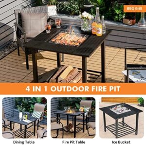 Perfect outdoor gatherings await with Giantex's 4-in-1 Wood Burning Fire Pit, featuring a square table, mesh cover, and removable lid. Enjoy cooking and socializing with friends and family.