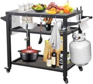 Discover the Domi Outdoor Grill Cart, featuring 3 storage shelves, wheels, and hooks. Perfect for outdoor kitchens and BBQs, this dark gray cart is a must-have for food prep and serving.