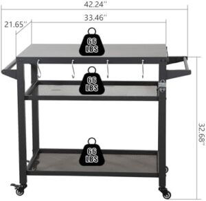 Discover the Domi Outdoor Grill Cart, featuring 3 storage shelves, wheels, and hooks. Perfect for outdoor kitchens and BBQs, this dark gray cart is a must-have for food prep and serving.