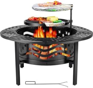 Delight your backyard gatherings with the Prilinex 42" Outdoor Fire Pit, featuring 2 grills, wood burning design & lid/poker. Perfect for patio, camping or picnic parties.