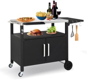 Here is the meta description:

"Upgrade your outdoor cooking with ROVSUN's Gourmet Grill Cart. Features stainless steel top, storage cabinet, hooks, and spice rack. Perfect for camping, tailgating, and backyard gatherings."