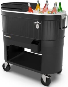Here is the output:

"Stay cool at your next outdoor party or indoor gathering with the Permasteel 120-Qt Rolling Ice Chest, featuring drink dividers and wheels for easy transport."