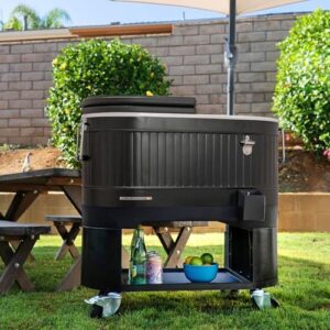 Here is the output:

"Stay cool at your next outdoor party or indoor gathering with the Permasteel 120-Qt Rolling Ice Chest, featuring drink dividers and wheels for easy transport."