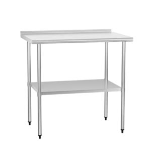 "Elevate your commercial or outdoor space with this stainless steel table featuring a backslash and adjustable undershelf. Perfect for restaurants, hotels, and garages."