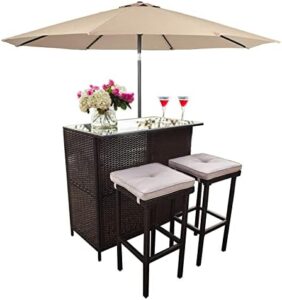 Discover the perfect outdoor living space with SUNCROWN's 3-piece rattan wicker patio set, featuring a glass bar and stools with cushions, plus a 9 FT umbrella. Enhance your poolside or backyard gatherings!