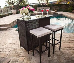 Discover the perfect outdoor living space with SUNCROWN's 3-piece rattan wicker patio set, featuring a glass bar and stools with cushions, plus a 9 FT umbrella. Enhance your poolside or backyard gatherings!